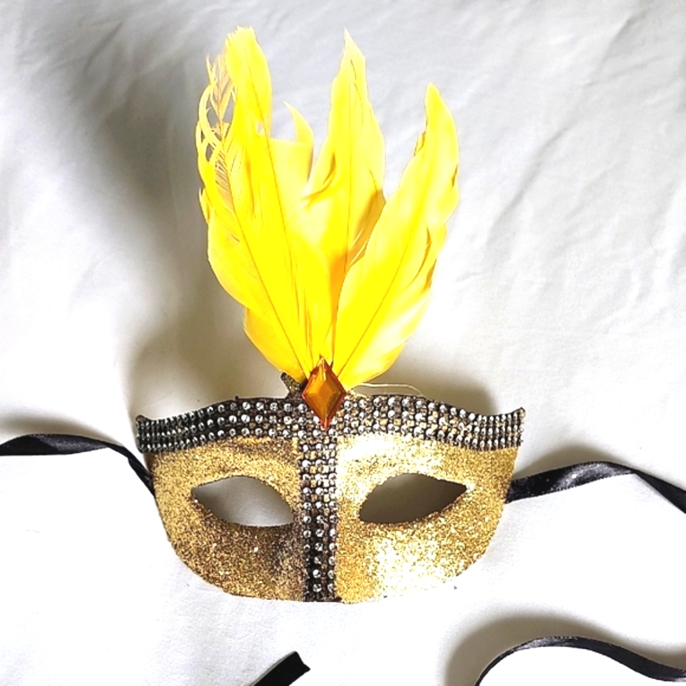 Gold Glitter Masquerade Mask with Yellow Feathers